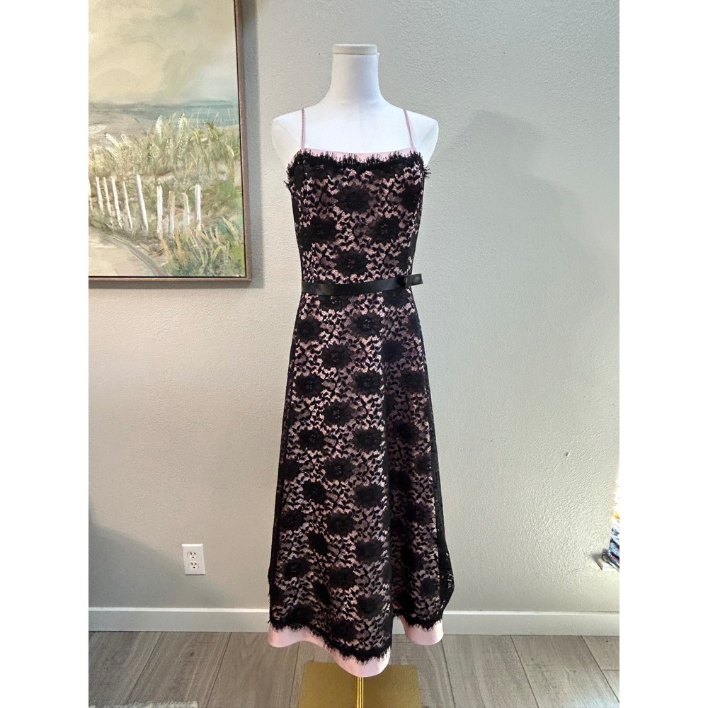 ABS Evening Black Pink Lace Midi Dress 14 Coquette Romantic Party USA